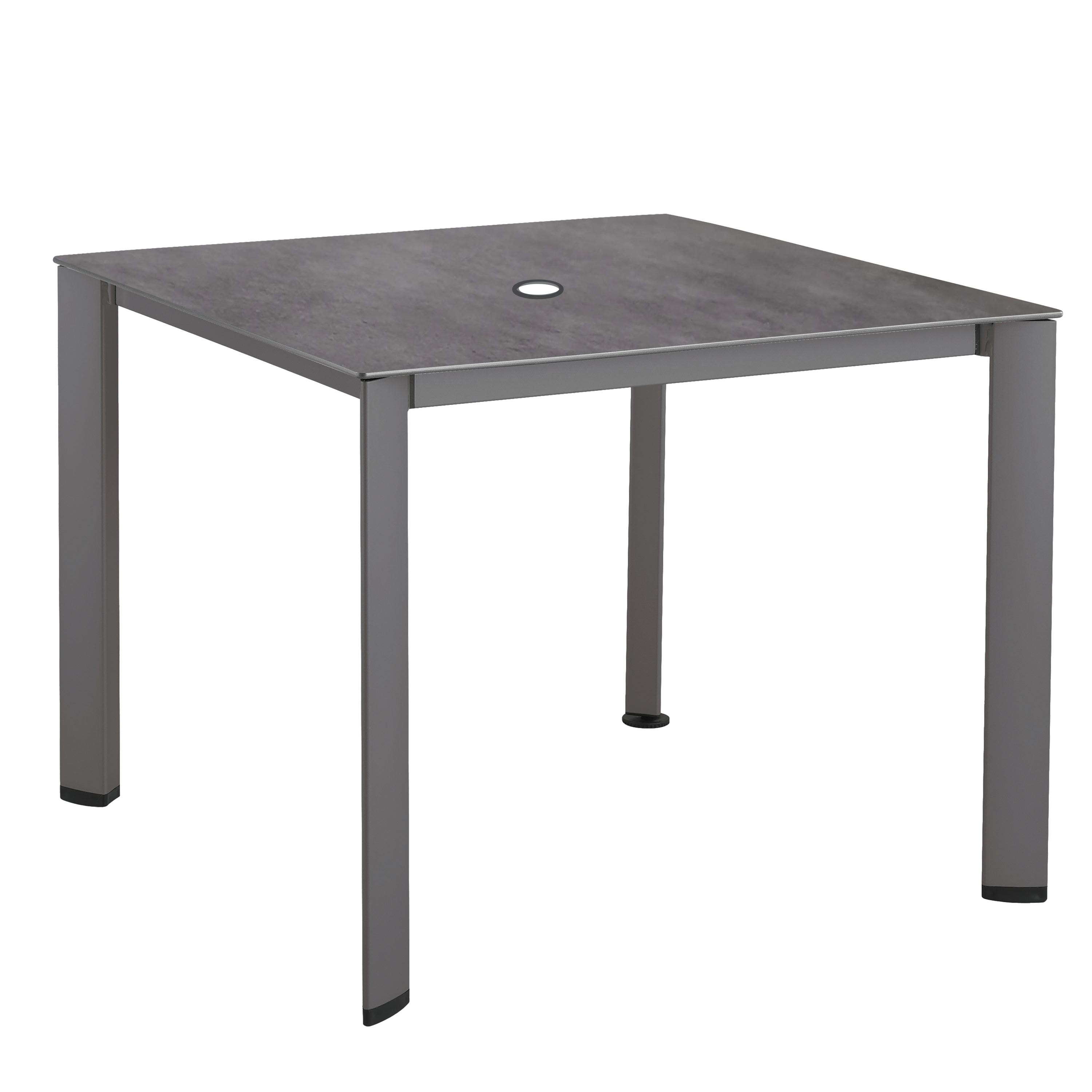 Metro 5-Piece Dining Set with iron grey HPL table featuring umbrella hole and sturdy powder-coated aluminum frame.