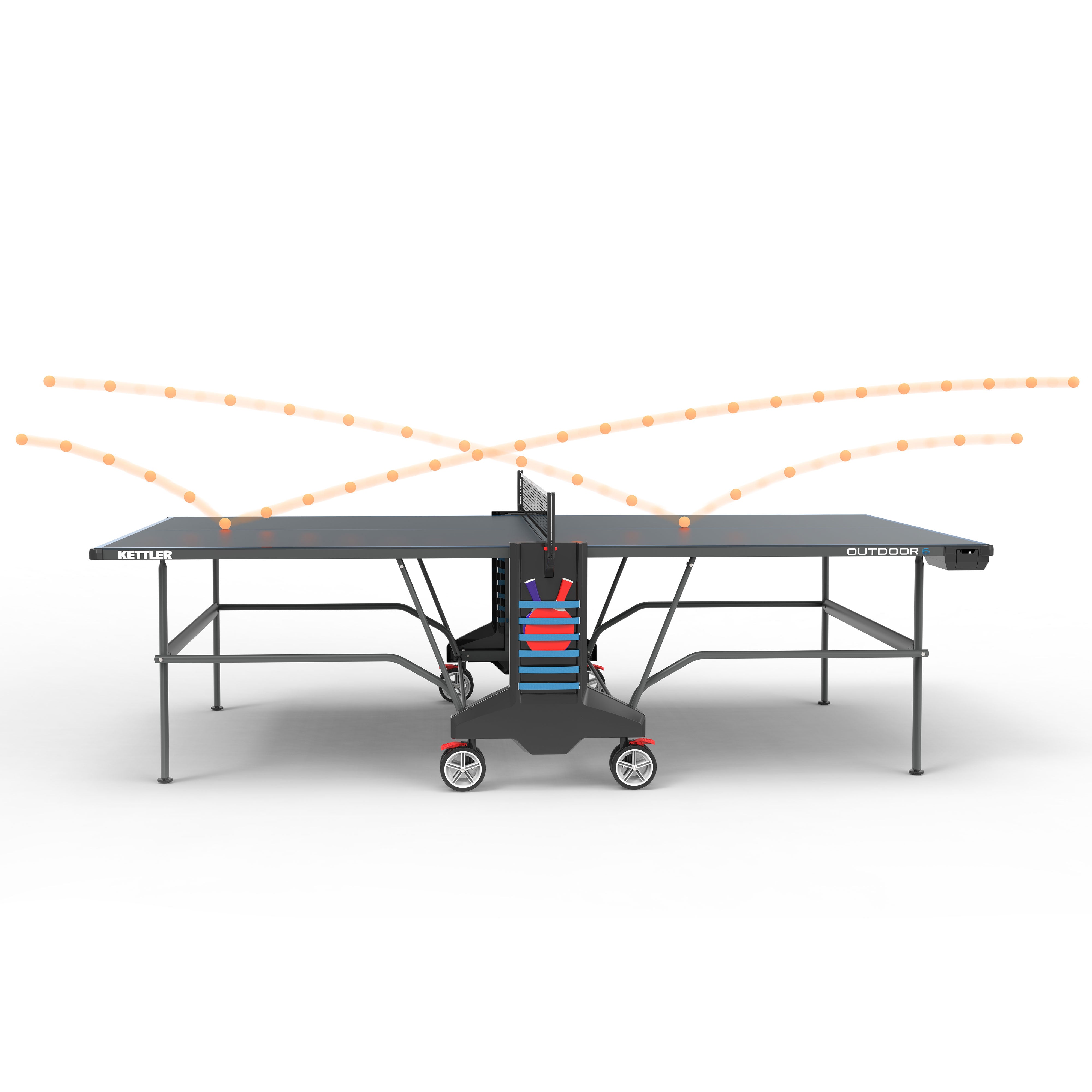 Outdoor 6 Table Tennis 4-Player Bundle with weatherproof top, permanent net, four rackets, and twelve 3-star balls.