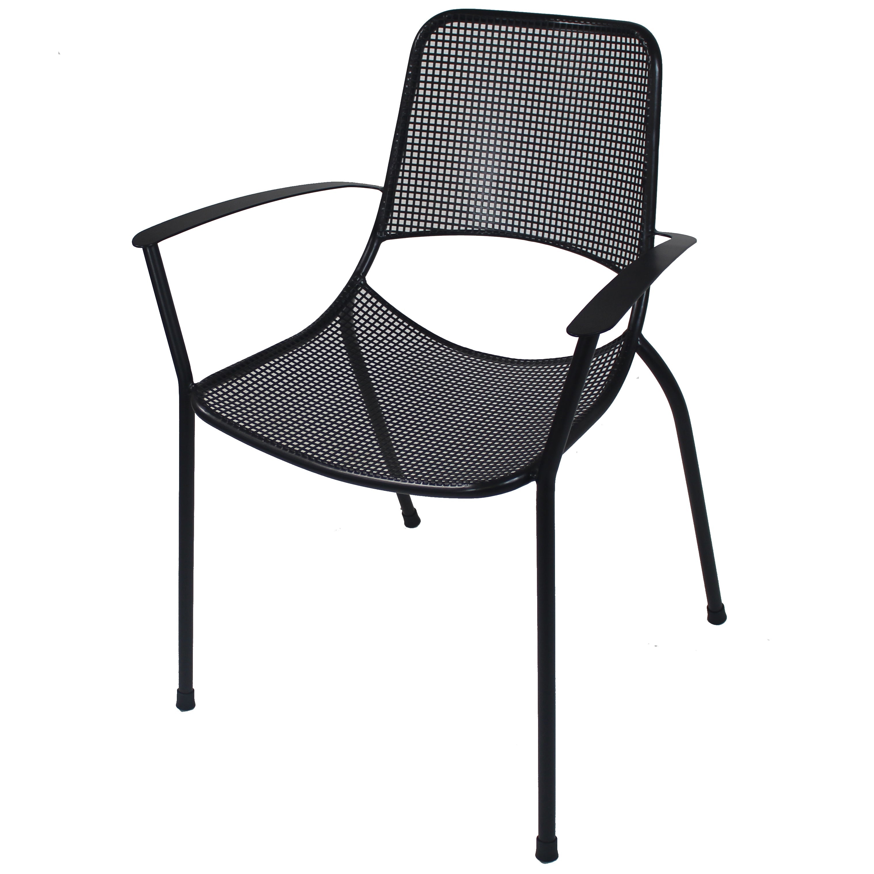 Metro 5-Piece Dining Set arm chair in iron gray with curved back, armrests, and steel mesh design